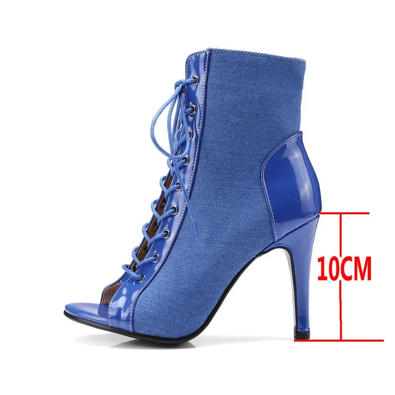 Women's Blue Color Cross-tied Lace-up Dance Peep Toe Gladiator Boots