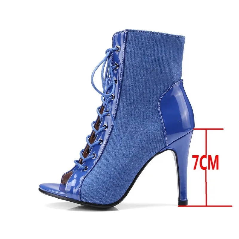 Women's Blue Color Flannel Lace-up Cross-tied Peep Toe Gladiator Boots