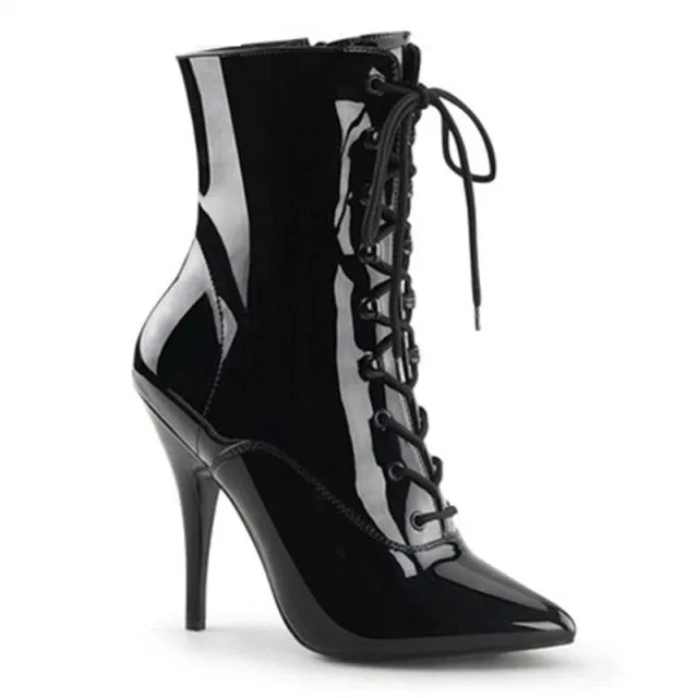 Women's Glossy Black High Thin Heels Round Toe Formal and Wedding Boots