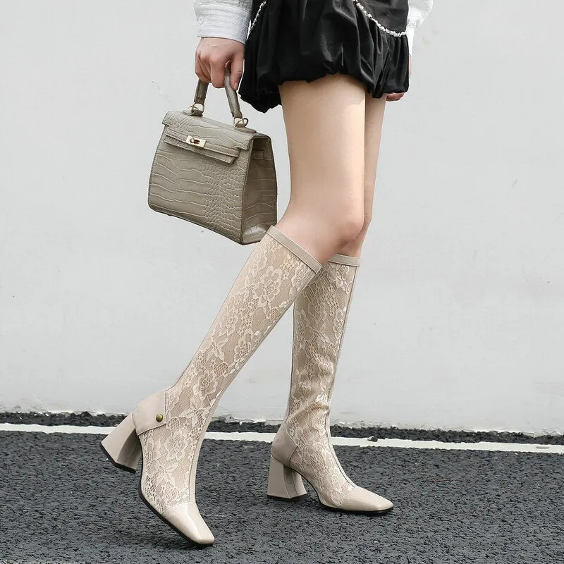 Women's Sexy Lace Comfort Square Zipper High Heel Long Mid-Calf Boots