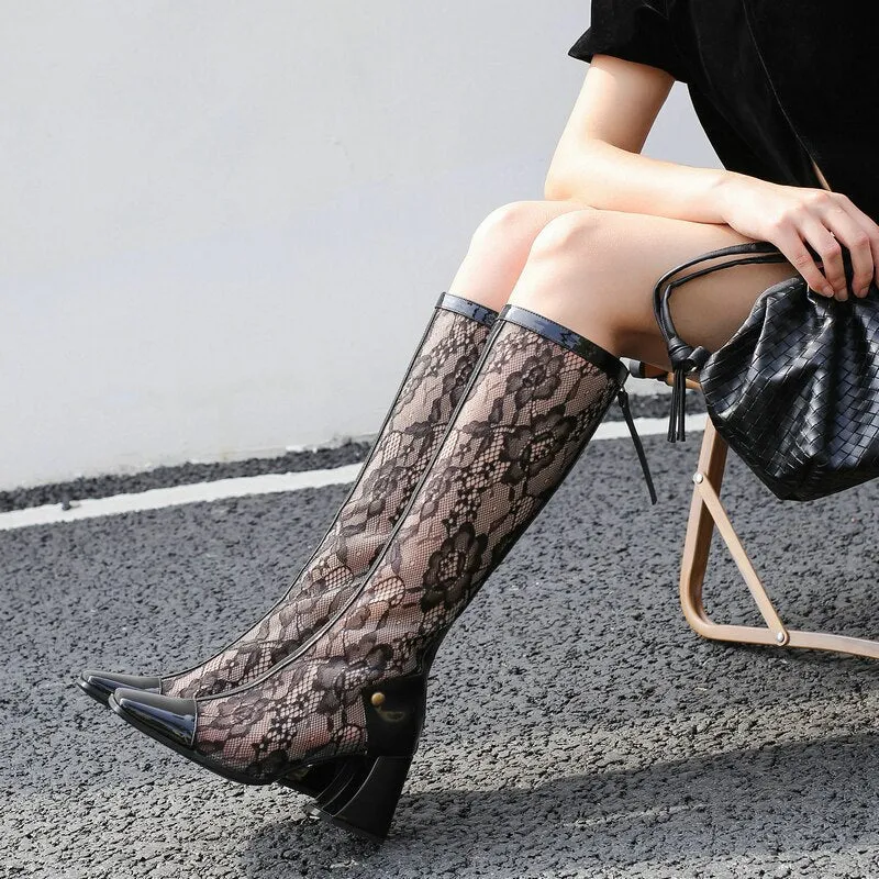 Women's Sexy Lace Comfort Square Zipper High Heel Long Mid-Calf Boots