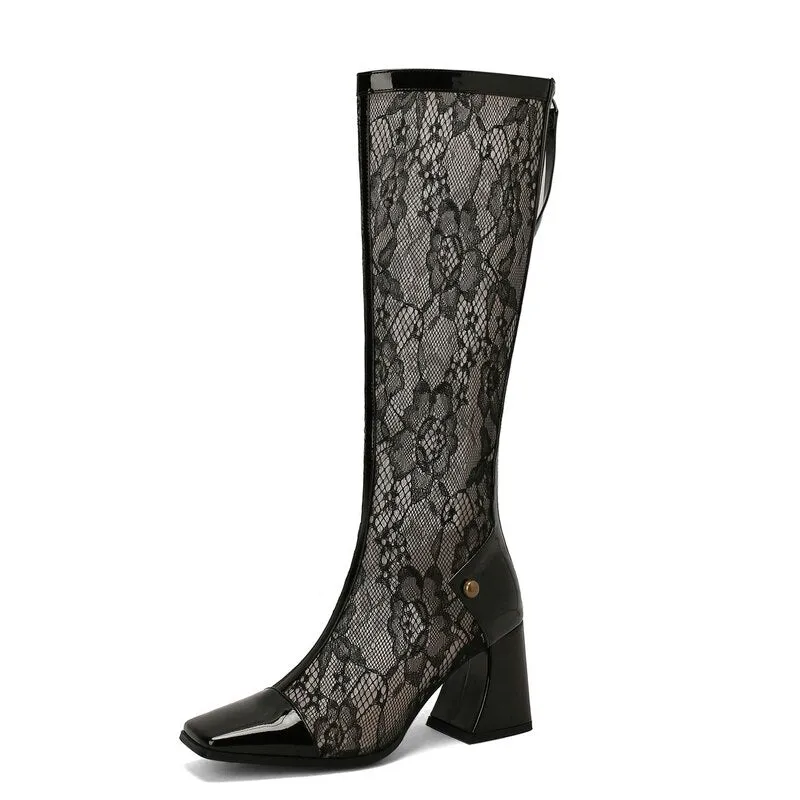 Women's Sexy Lace Comfort Square Zipper High Heel Long Mid-Calf Boots