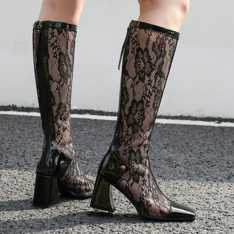 Women's Sexy Lace Comfort Square Zipper High Heel Long Mid-Calf Boots