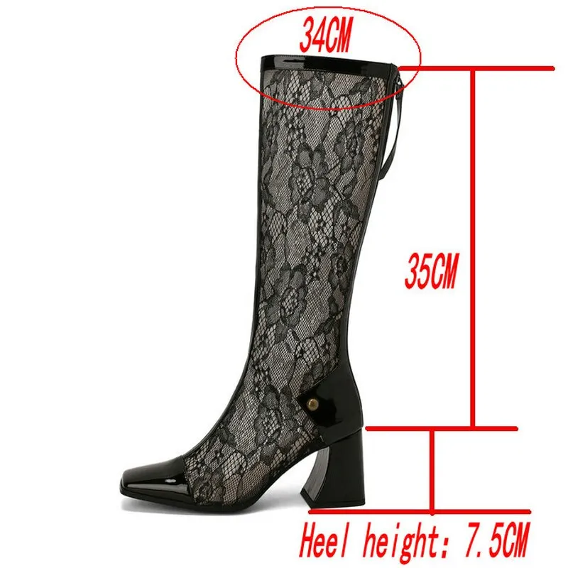 Women's Sexy Lace Comfort Square Zipper High Heel Long Mid-Calf Boots