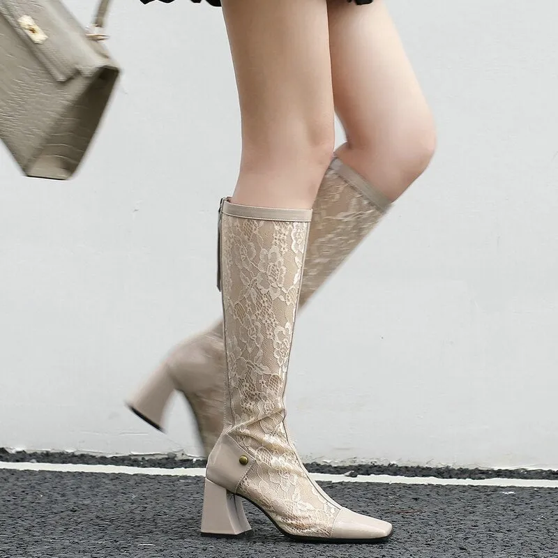 Women's Sexy Lace Comfort Square Zipper High Heel Long Mid-Calf Boots