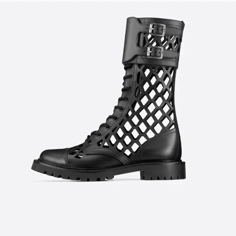 Women's Summer Round Toe Cross Tied Lace Up Square Med Heel Boots