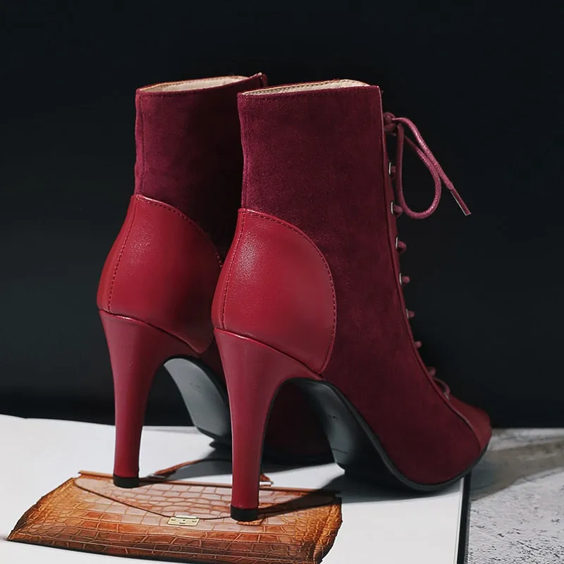 Women's Wine Red Color Cross-tied Lace-up Peep Toe Gladiator Boots