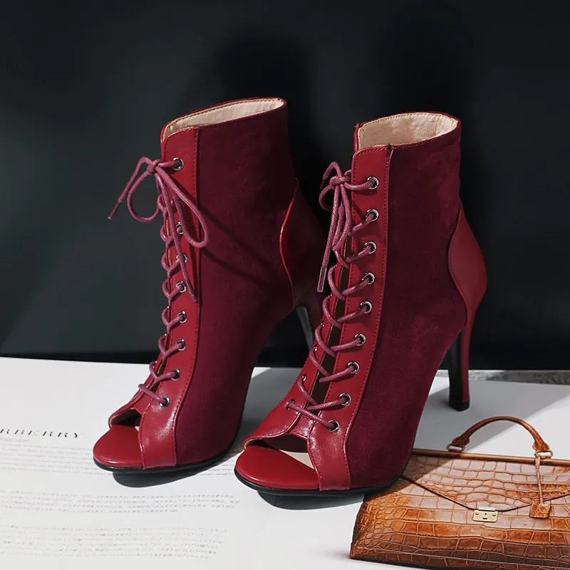 Women's Wine Red Color Cross-tied Lace-up Peep Toe Gladiator Boots