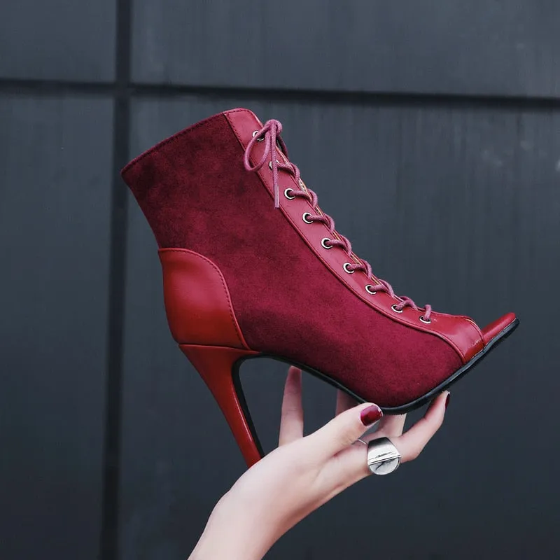 Women's Wine Red Color Cross-tied Lace-up Peep Toe Gladiator Boots