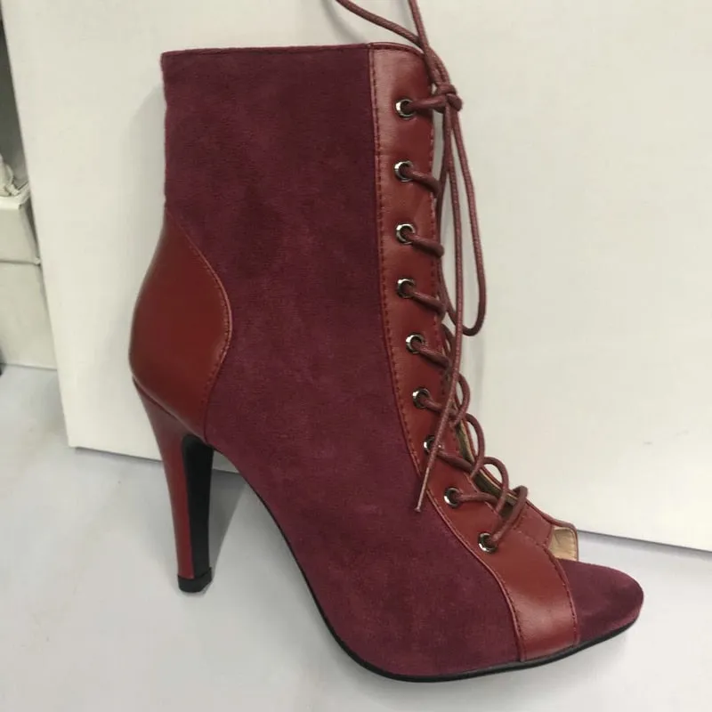 Women's Wine Red Color Cross-tied Lace-up Peep Toe Gladiator Boots