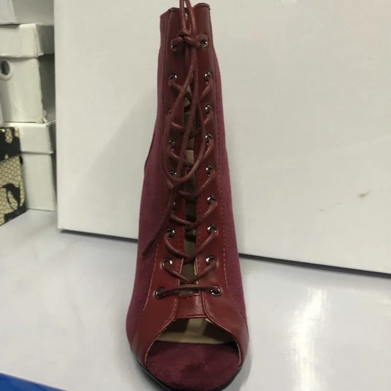 Women's Wine Red Color Cross-tied Lace-up Peep Toe Gladiator Boots