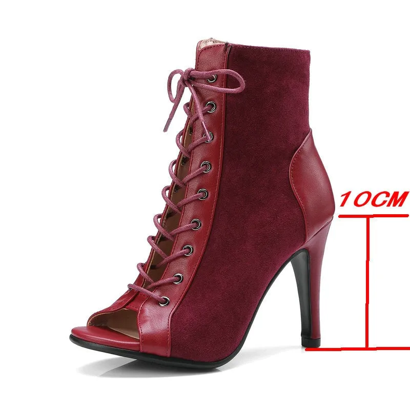 Women's Wine Red Color Cross-tied Lace-up Peep Toe Gladiator Boots